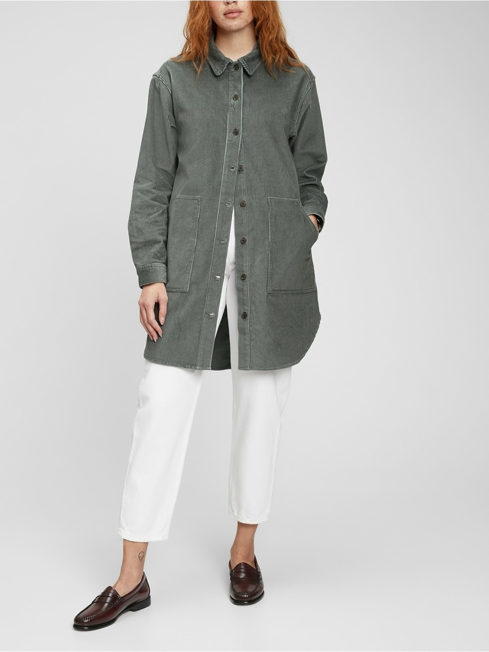 GAP Long Corduroy Button-Up jacket in Olive Green